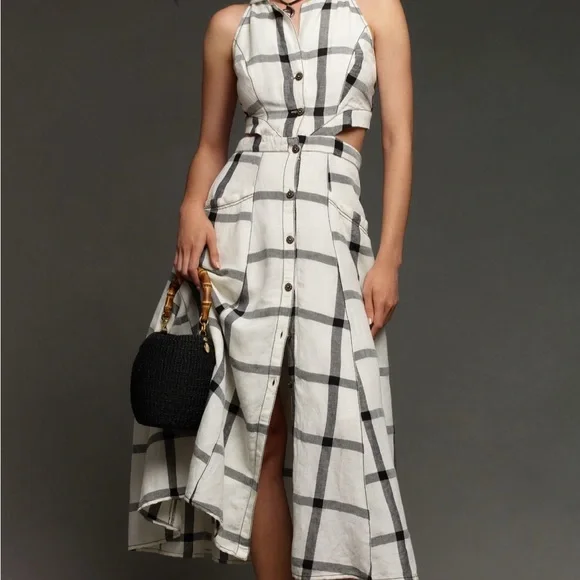 NWT Pilcro Halter Plunge Linen Midi Dress Black White Easter dress - Picture 5 of 7